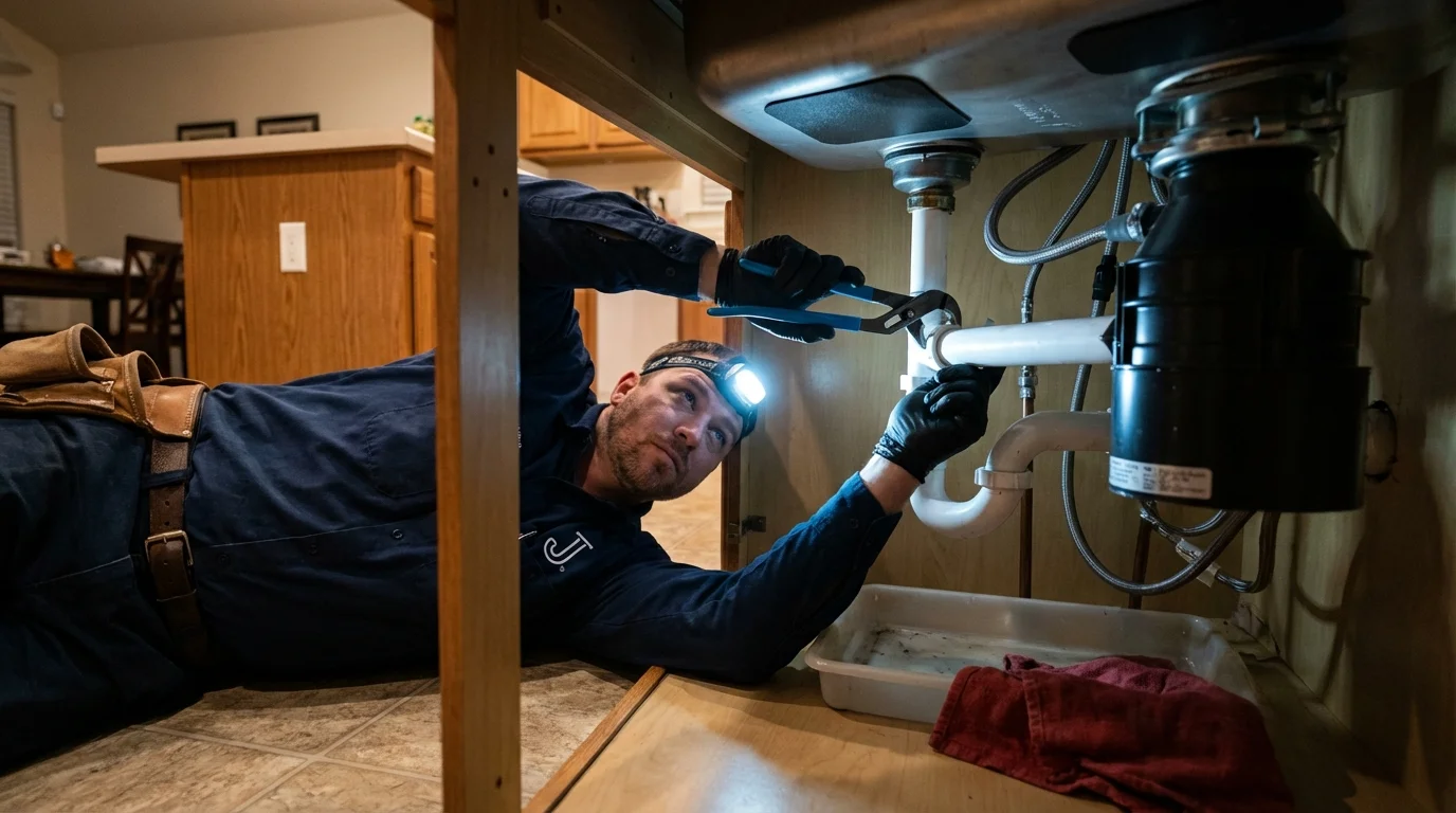 P-trap and supply line connections under a kitchen sink showing a common leak point in Ashland, NE